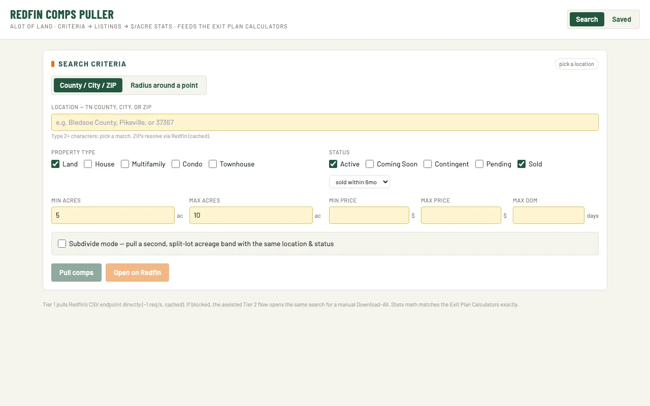 The Redfin Comps Puller search criteria screen